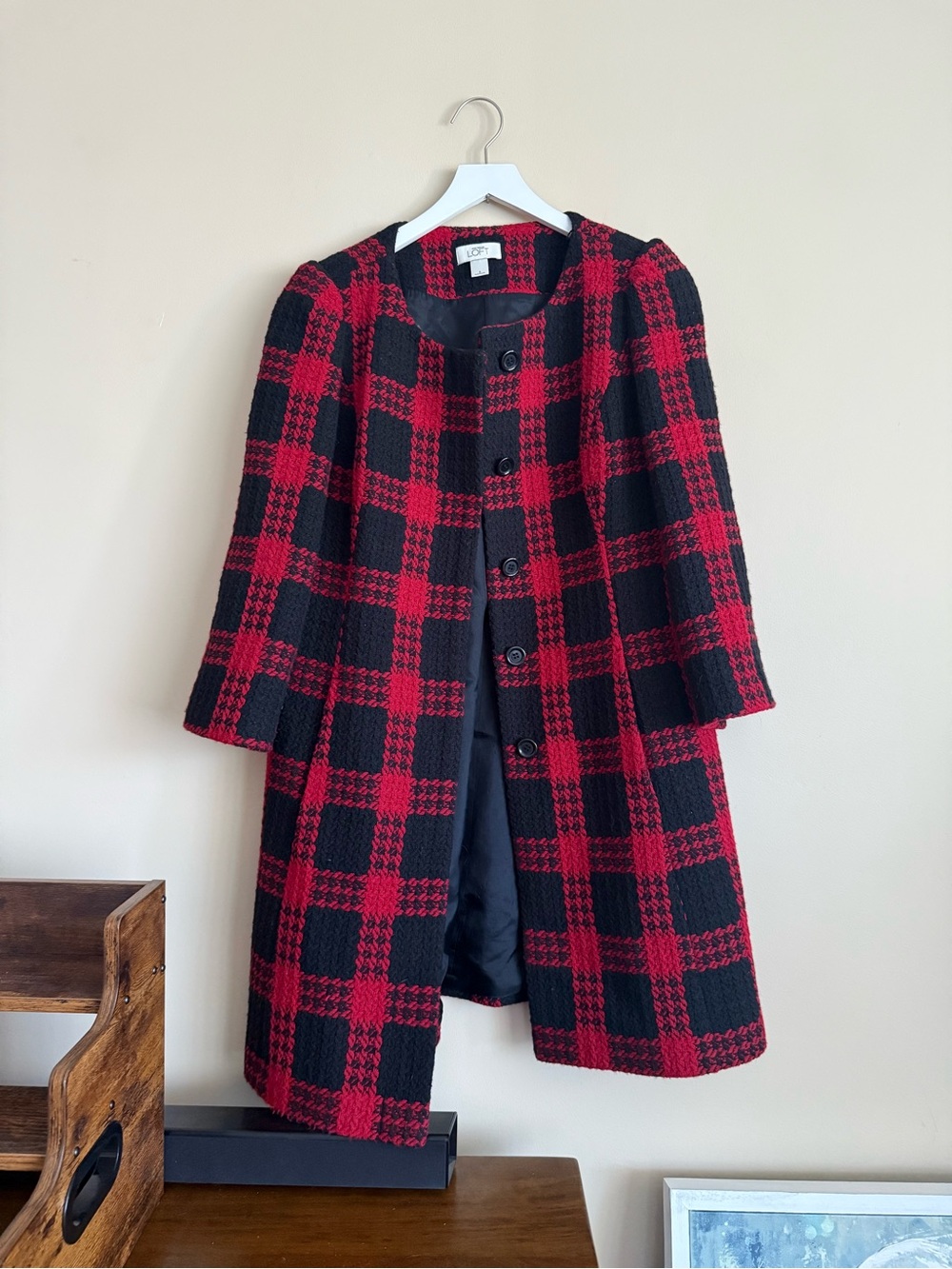 Ann Taylor LOFT Red And Black Plaid Coat Lined Flared Sleeves Size 6